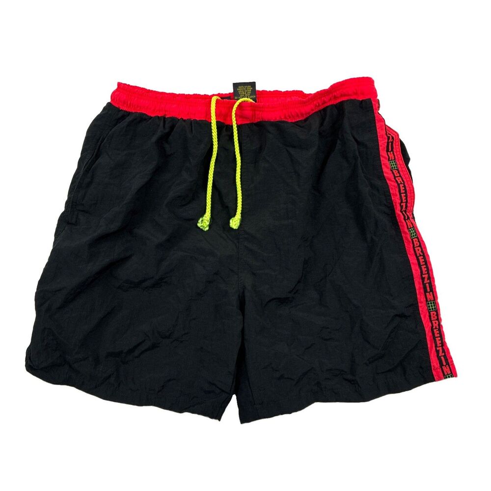 Vintage Breezin Board Shorts Mens Large Side Logo Neon Pink Black 80s 90s